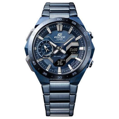Herren-Armbanduhr mit blauem Zifferblatt und silberblauem Metallarmband, frontal