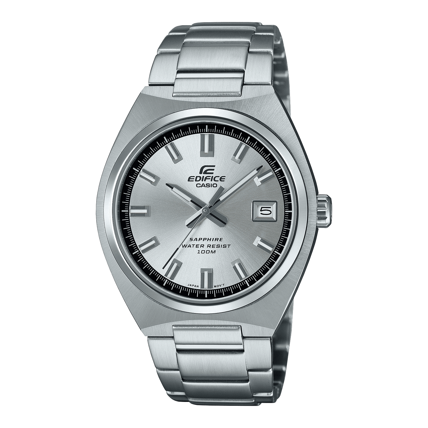 Silberne Herrenarmbanduhr mit rundem Zifferblatt und Metallarmband, seitlicher Blickwinkel