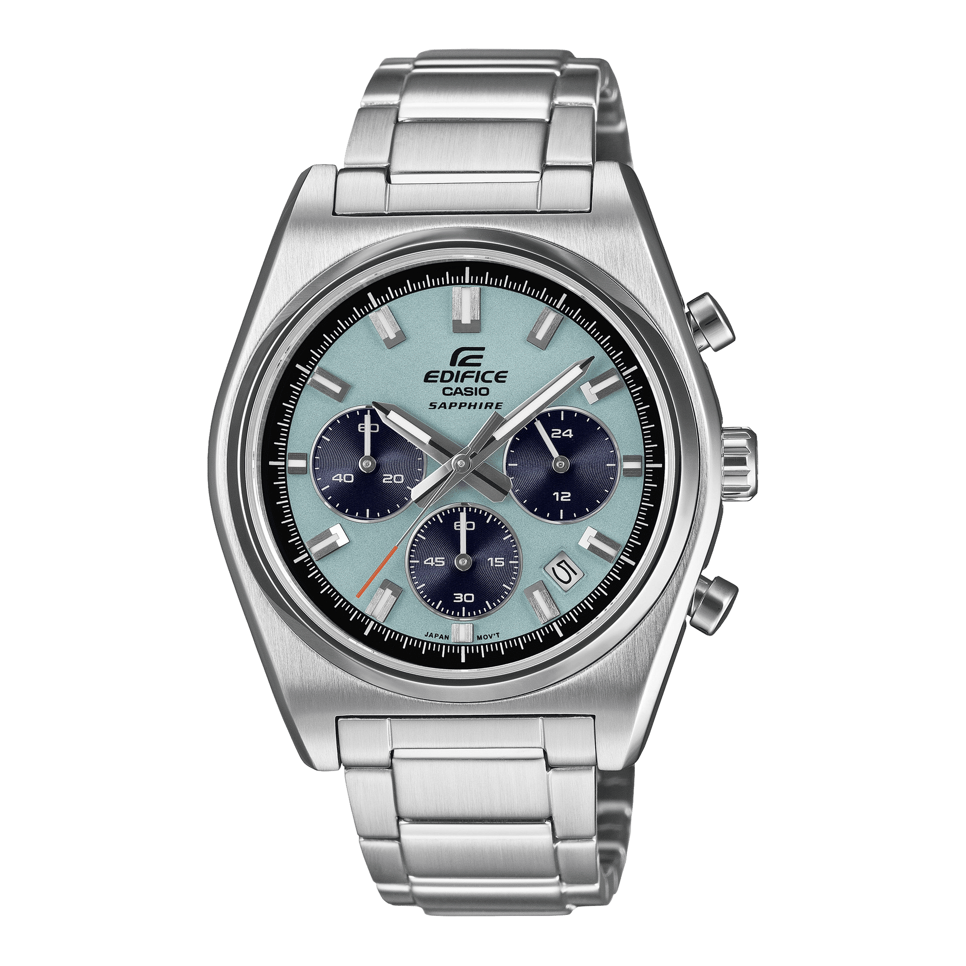 Casio Edifice Herren-Chronograph: Edelstahlgehäuse und -armband, Saphirglas, blaues Zifferblatt