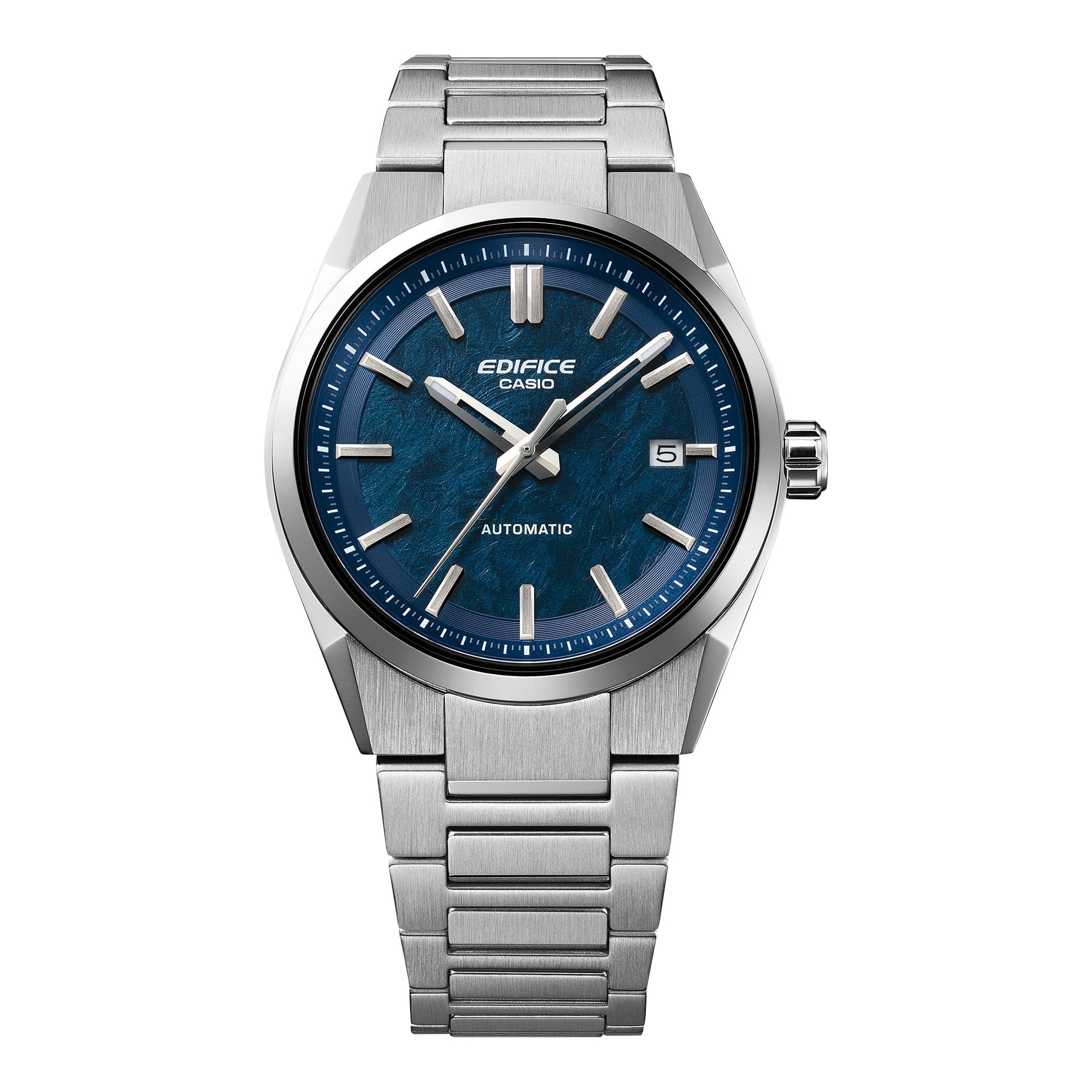 Edifice Herrenuhr mit blauem Zifferblatt, Edelstahlarmband und seitlicher Krone