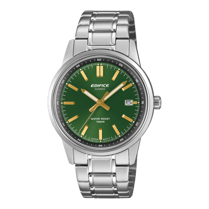 Casio Edifice Herrenuhr mit grünem Zifferblatt, goldfarbenen Zeigern und silbernem Metallarmband