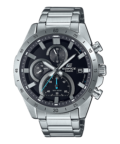 Chronograph-Herrenuhr mit Edelstahlband, schwarzem Zifferblatt und Datumsfenster bei 5