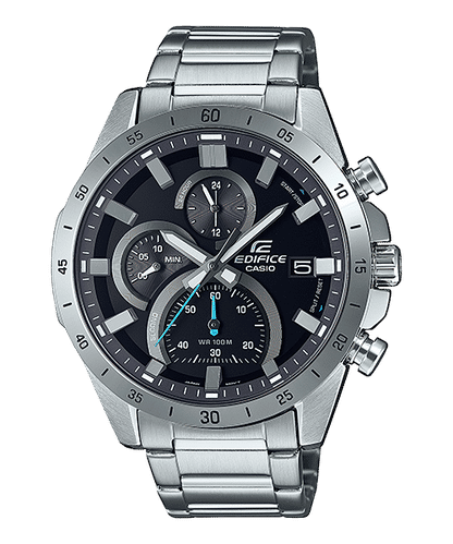 Chronograph-Herrenuhr mit Edelstahlband, schwarzem Zifferblatt und Datumsfenster bei 5