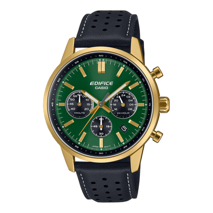 Casio Edifice Chronographenarmbanduhr mit grünem Zifferblatt, Chrono-Subdials, Lederband
