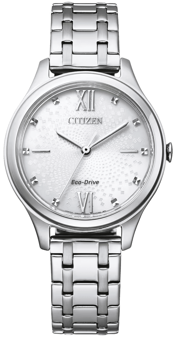 Citizen Damenuhr EM0500-73A mit Edelstahlarmband, silbernem Zifferblatt, römischen Ziffern, Eco-Drive