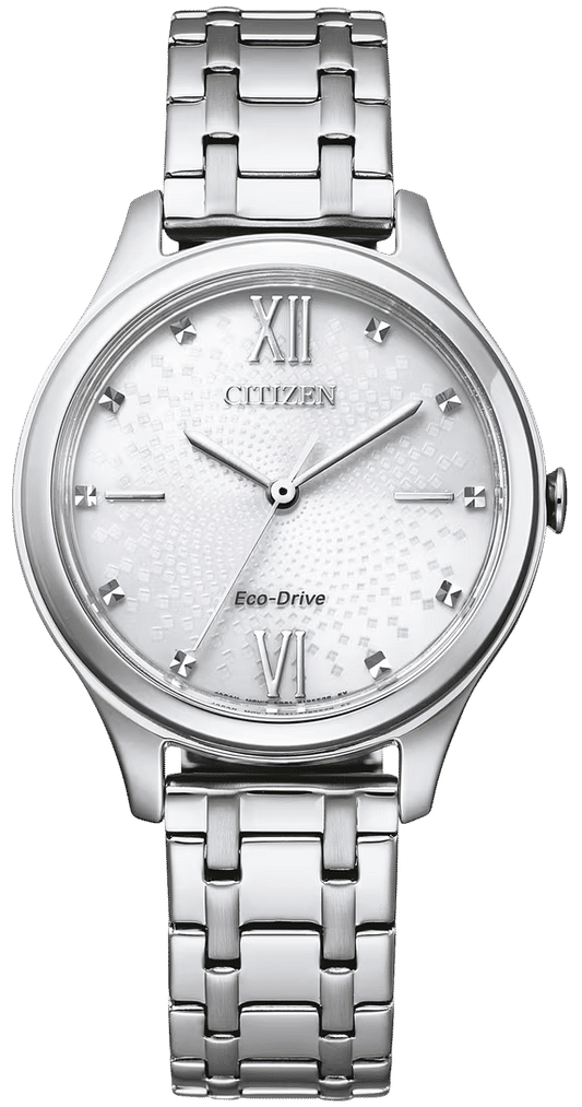 Citizen Damenuhr EM0500-73A mit Edelstahlarmband, silbernem Zifferblatt, römischen Ziffern, Eco-Drive