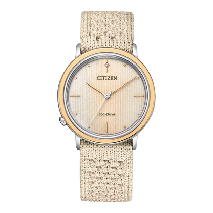 Citizen Ambiluna EM1006-40A Damen Armbanduhr Beige • Eco-Drive Saphirglas • Bicolor Roségold