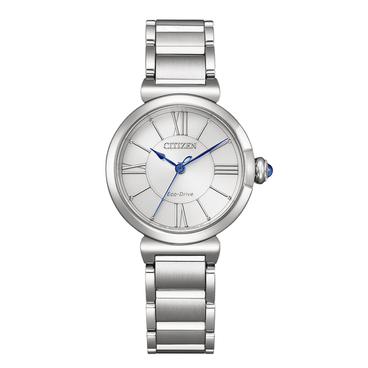Citizen Damenuhr: silberfarbenes Armband, rundes Zifferblatt mit römischen Zahlen und Eco-Drive