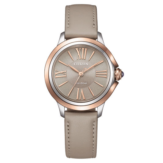 Damenuhr mit grauem Lederarmband, roségoldfarbenem Gehäuse und grauem Zifferblatt mit römischen Zahlen