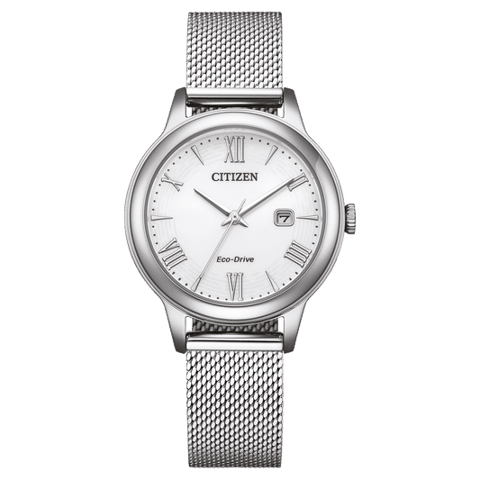 Citizen Damenuhr mit silbernem Milanaise-Armband, weißem Zifferblatt und Eco-Drive