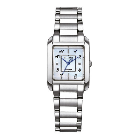 Damenarmbanduhr mit silbernem Metallarmband, eckigem Gehäuse und Perlmutt-Zifferblatt