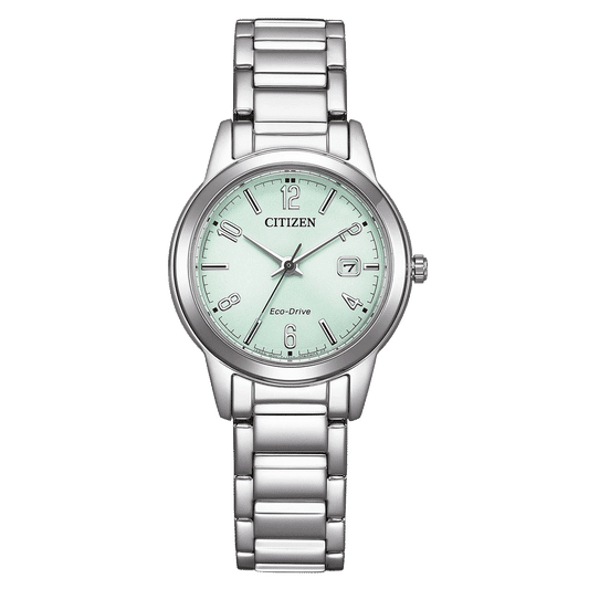 Damenuhr mit grünem Zifferblatt, Stahlarmband, Datumsanzeige und Eco-Drive