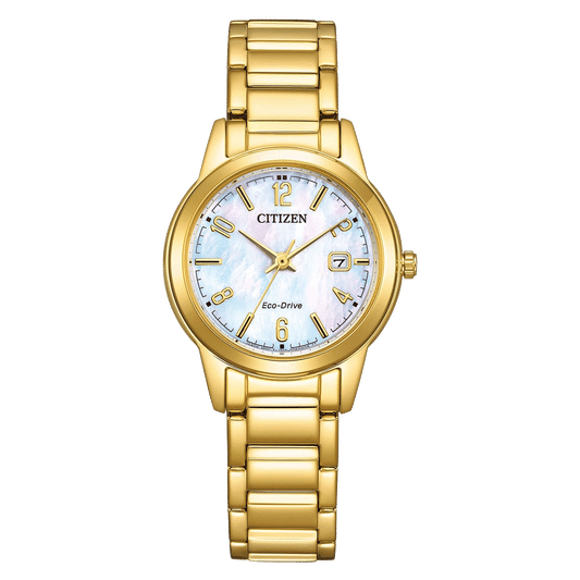 Damenarmbanduhr mit goldfarbenem Edelstahlarmband und Eco-Drive Zifferblatt