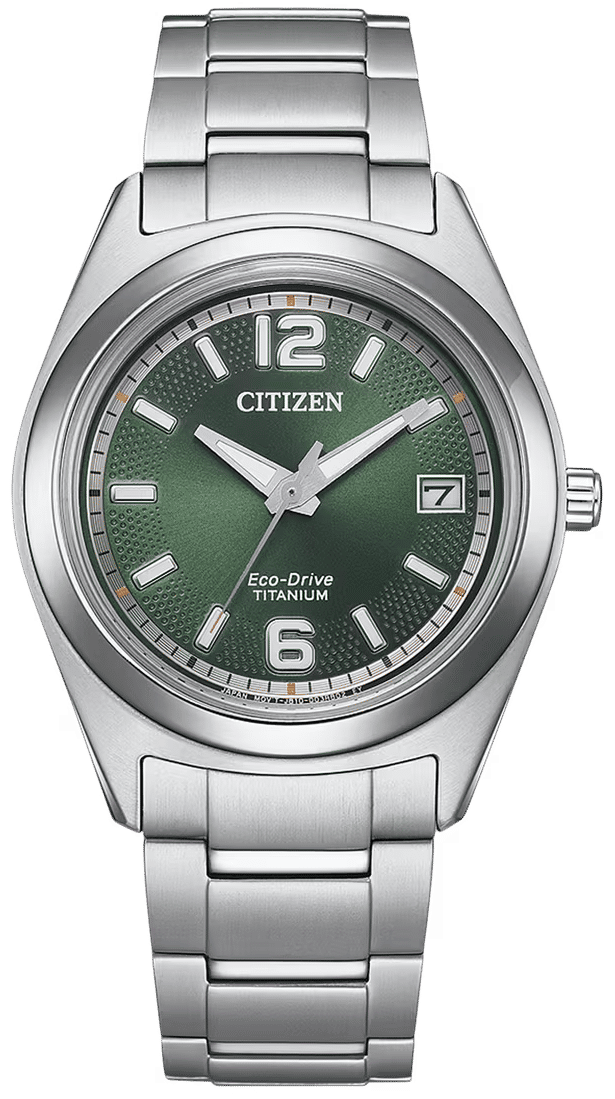 Citizen Damenuhr mit grünem Zifferblatt und Metallarmband, Eco-Drive, Titanoptik
