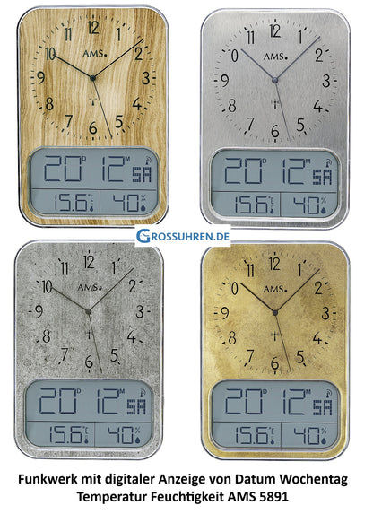 AMS F5891 Wanduhr Schiefer • Funk-Automatik • Analog-Digital mit Temperatur, Bild 2
