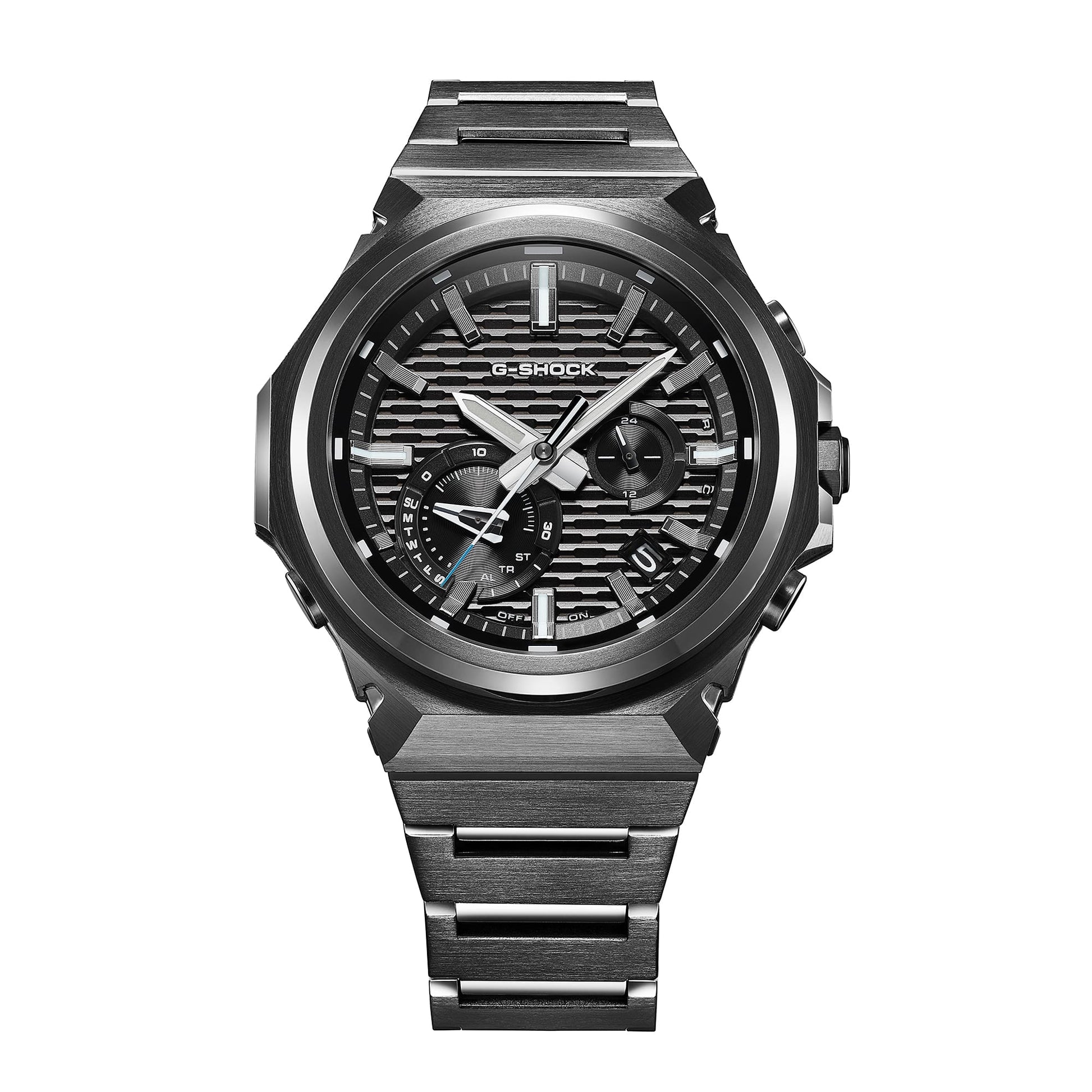 Casio G-SHOCK G-STEEL Herrenuhr mit schwarzem Zifferblatt und Metallgliederarmband