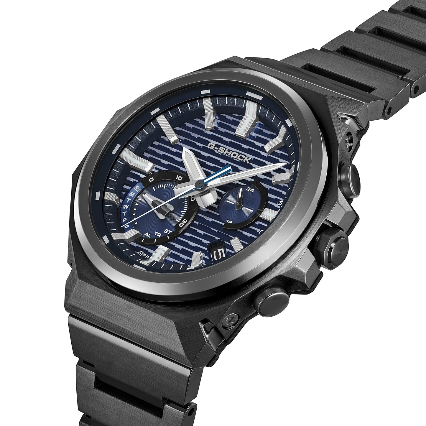 Casio G-Shock Herrenarmbanduhr, anthrazitfarbenes Gehäuse, blaues Zifferblatt, seitliche Bedienelemente