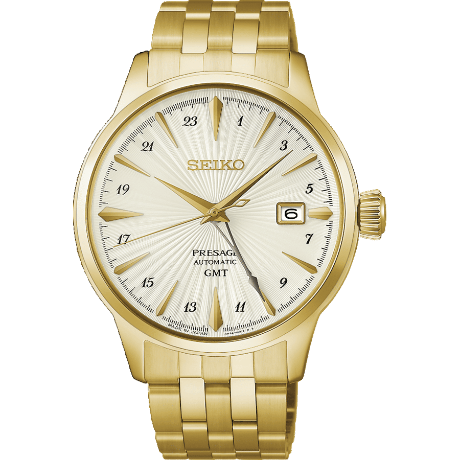 Seiko PRESAGE Cocktail Time HCB004J1 Reloj de Hombre Oro Amarillo • Aguja GMT • Movimiento Automático Calibre 4R34