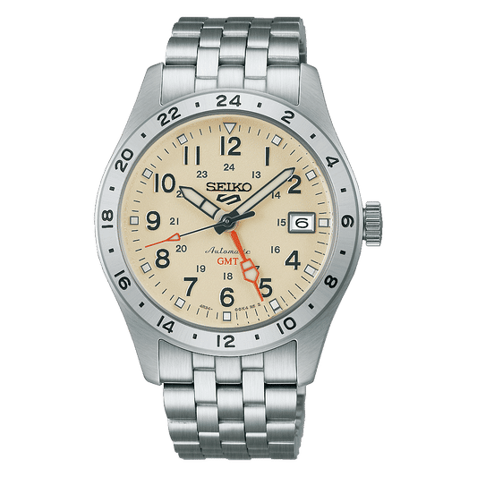 Herren-Armbanduhr mit silbernem Metallarmband, beigem Zifferblatt und GMT-Zeiger