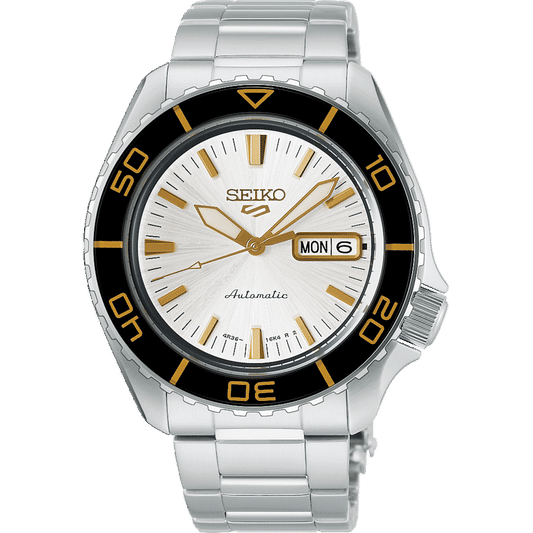 Seiko Herrenuhr mit silbernem Edelstahlarmband, schwarzem Zifferblatt und Datumsfenster