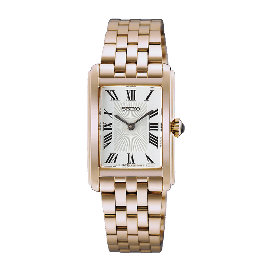 Seiko Damenarmbanduhr roségoldfarben, Metallarmband, rechteckiges Zifferblatt