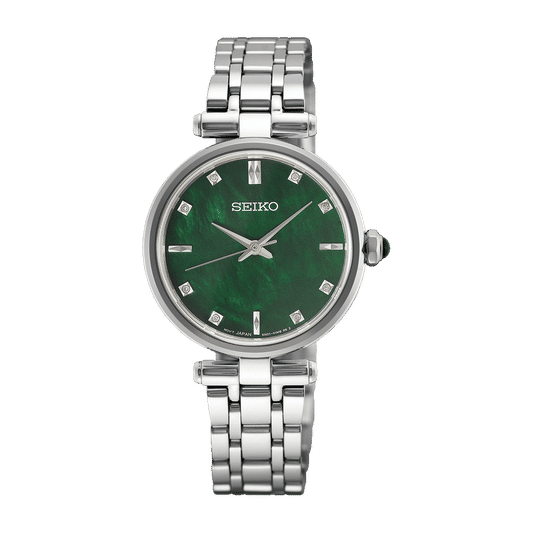 Damenarmbanduhr Seiko mit grünem Perlmutt-Zifferblatt, Diamant-Markern und Metallband.