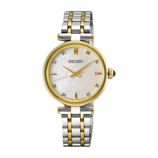 Zweifarbige Damenarmbanduhr mit goldfarbener Lünette, Perlmuttzifferblatt und Diamantindizes