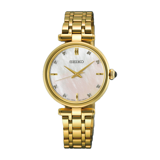 Damenuhr mit goldfarbenem Metallarmband, rundem Perlmutt-Zifferblatt und Diamantindizes