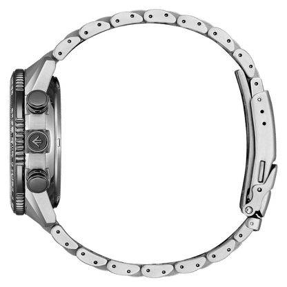 Caja de reloj con pulsera de acero inoxidable y corona visible, vista lateral