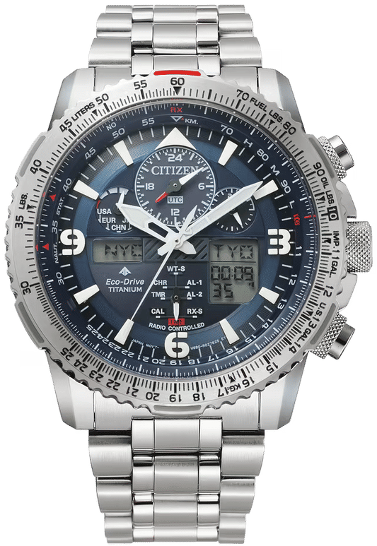 Citizen Promaster Sky Herrenuhr mit silbernem Metallband und blauem Zifferblatt