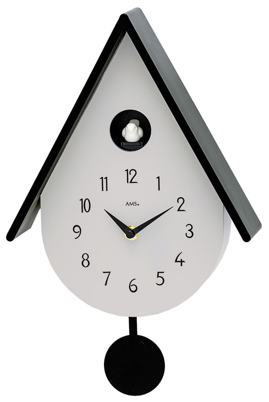AMS Wanduhr im Tropfenformat, hellgrauer Rahmen, weißes Zifferblatt, Kuckucksfigur, schwarzes Pendel