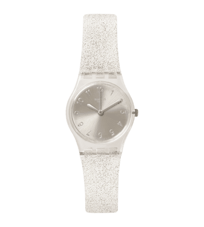 Swatch Silver Glistar LK343E Damen Armbanduhr Silber • Transparentes Gehäuse • Silikonarmband