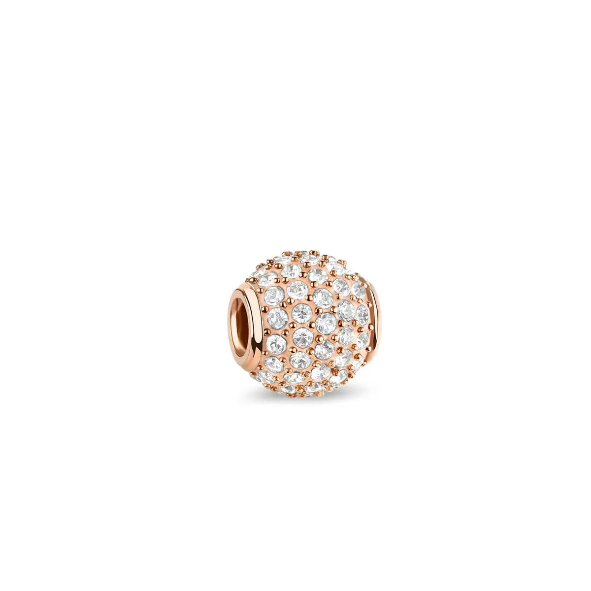 Charm de acero inoxidable con acabado en oro rosa y piedras transparentes en círculo