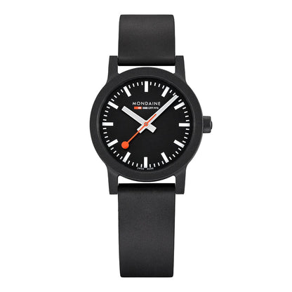 Mondaine essence MS1.32120.RB Damen Armbanduhr Schwarz • Veganes Kautschukarmband • Swiss Made Quarzwerk