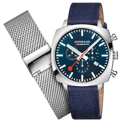 Mondaine Grand Cushion MSL.41440.LD.SET Herrenuhr Blau • Saphirglas • Quarz-Chronograph