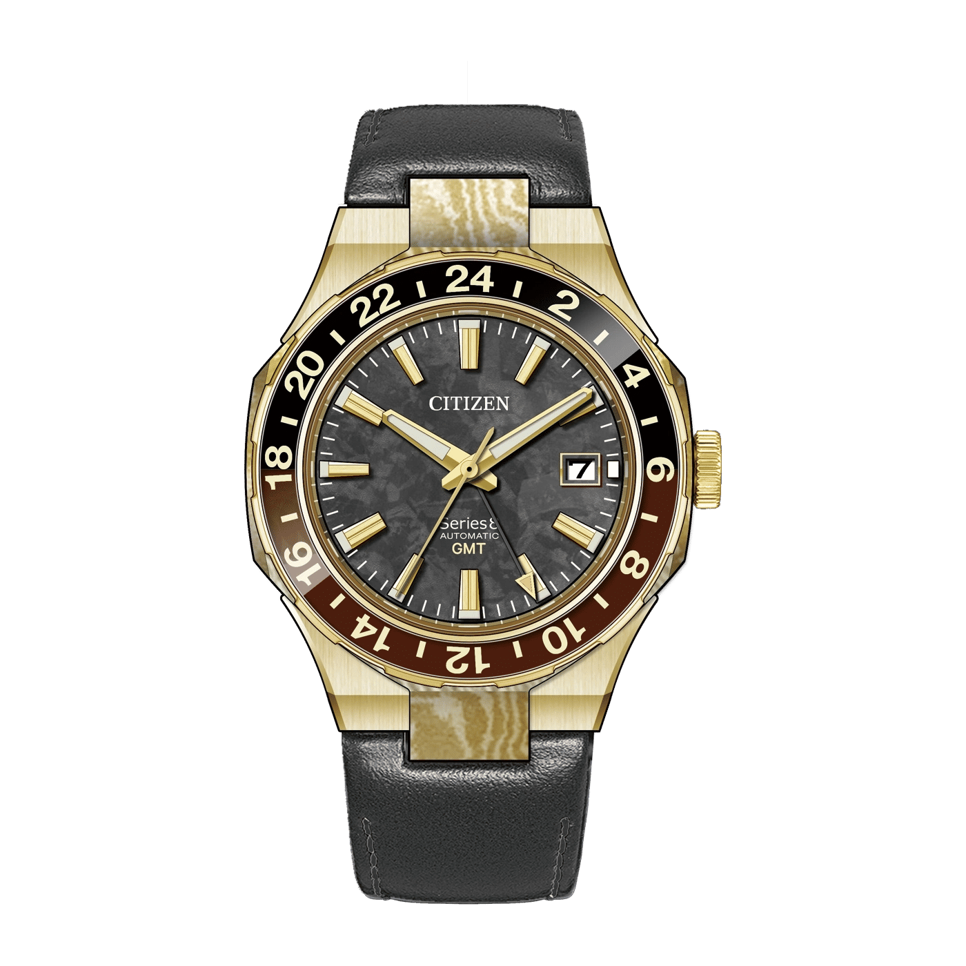 Armbanduhr: schwarzes Zifferblatt, goldfarbene Zeiger, rundes Gehäuse, schwarzes Lederband.