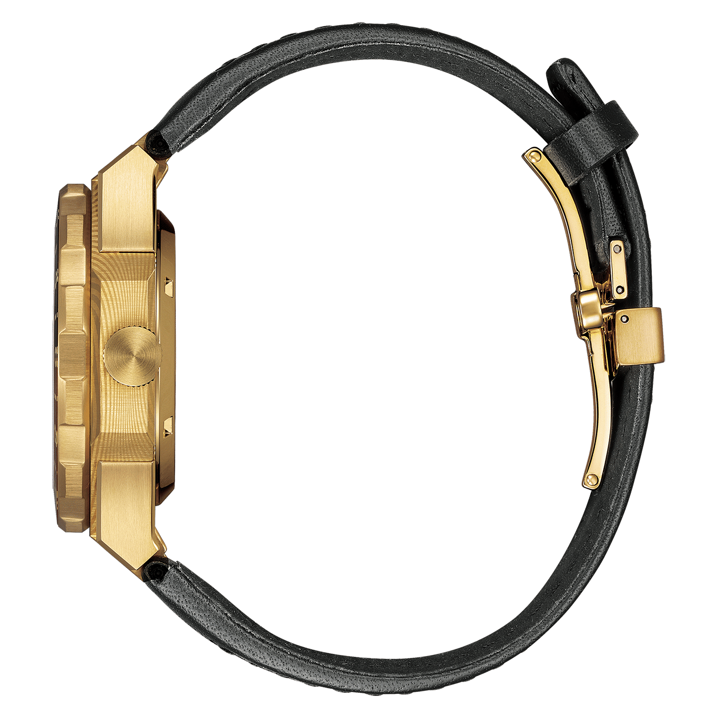 Armbanduhr-Ansicht von der Seite: goldfarbenes Gehäuse und schwarzes Lederarmband.