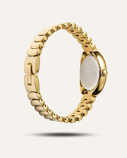 Damenarmbanduhr Mockberg Armband in Gold, goldfarbene Glieder und ovale Gehäuseseite