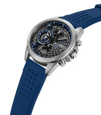 Police Herren-Chronograph, schräger Blick: blaues Silikonband, silbernes Gehäuse, dunkles Zifferblatt.