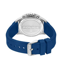 Police Herren-Chronograph Rückseite mit „POLICE“-Prägung, blaues Silikonband.