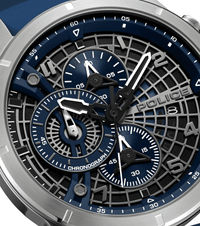 Police Herren-Chronograph Zifferblatt mit Chronographen-Layout, blau-schwarz und silbernen Details.