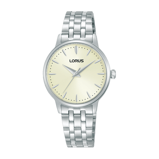 Damenuhr mit rundem hellgelbem Zifferblatt, Mineralglas und Edelstahlarmband