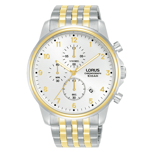 Lorus Herrenarmbanduhr mit Chronograph, weißem Zifferblatt und zweifarbigem Metallband
