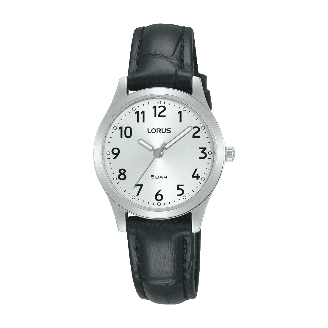 Lorus Classic Damen-Armbanduhr: schwarzes Lederarmband, silbernes Zifferblatt, Quarz