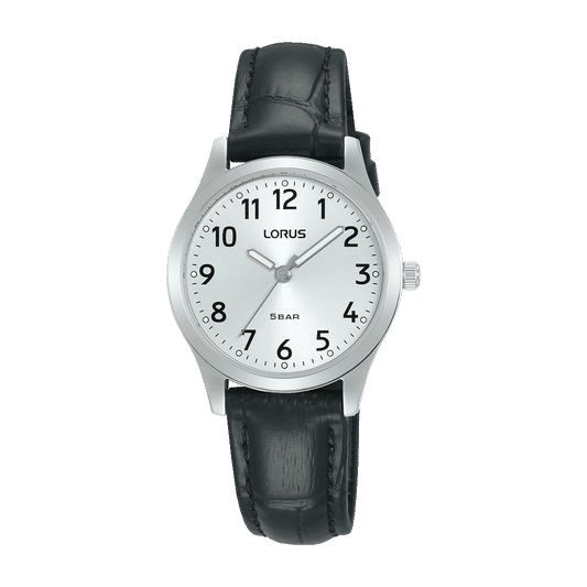 Lorus Classic Damen-Armbanduhr: schwarzes Lederarmband, silbernes Zifferblatt, Quarz