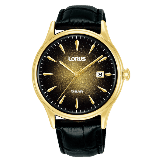 Lorus Herrenuhr mit schwarzem Lederarmband, goldfarbenem Gehäuse, schwarzem Zifferblatt, Datum 8