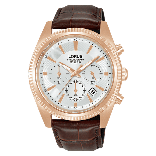 Herren-Chronograph-Armbanduhr mit weißem Zifferblatt und dunkelbraunem Lederband, Roségoldgehäuse
