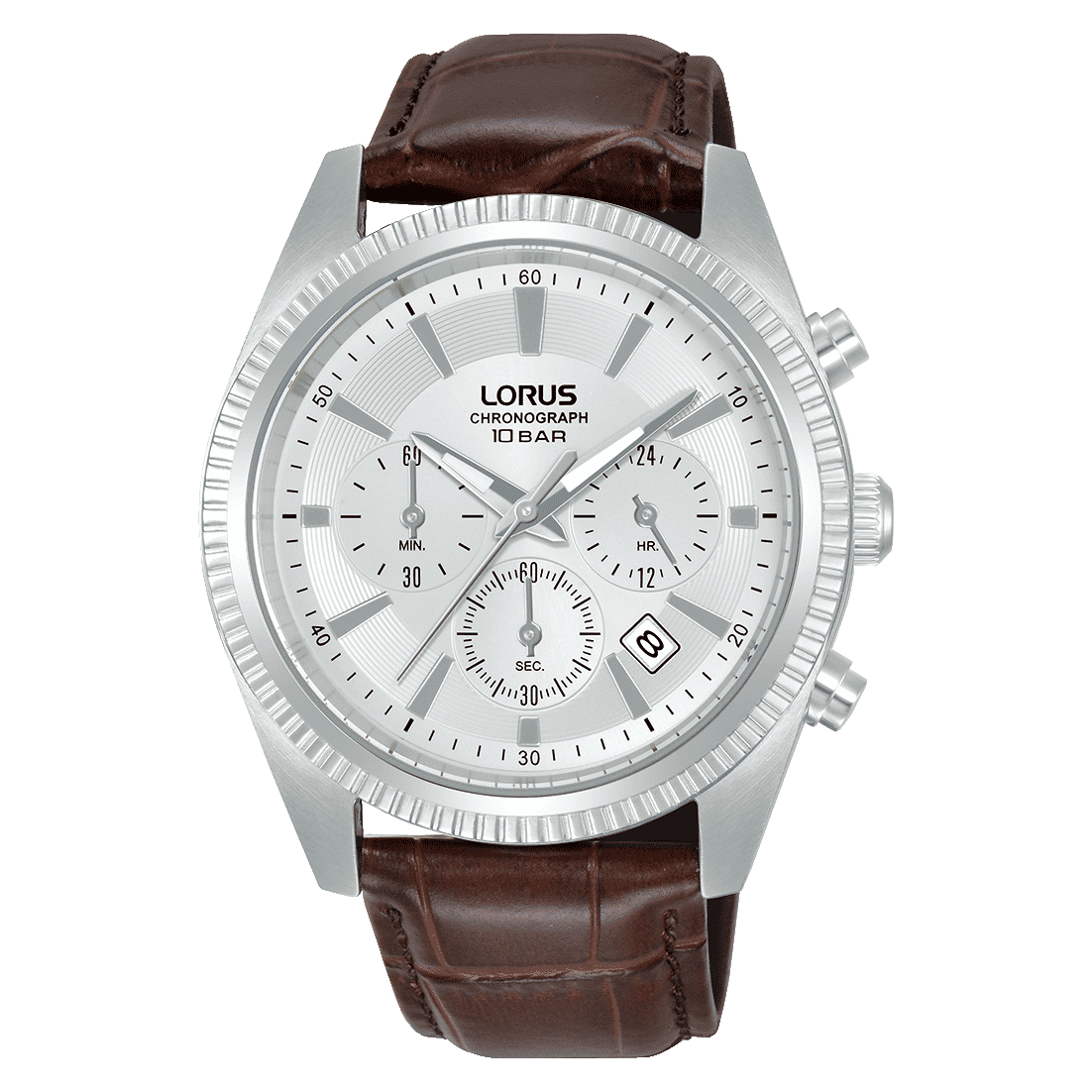 Lorus Classic RT305LX9 Herrenuhr Chronograph • Weißes Zifferblatt • Dunkles Lederband