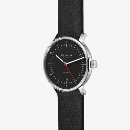 Reloj automático unisex con correa de cuero negra, esfera redonda negra y segundero rojo