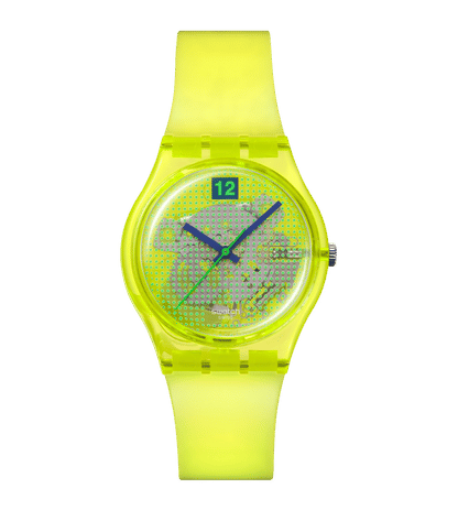 Swatch Originals Medium SO28J103 Luminously Lemon Damenuhr Transparent • Biosourciertes Gehäuse • 80s Retro-Design
